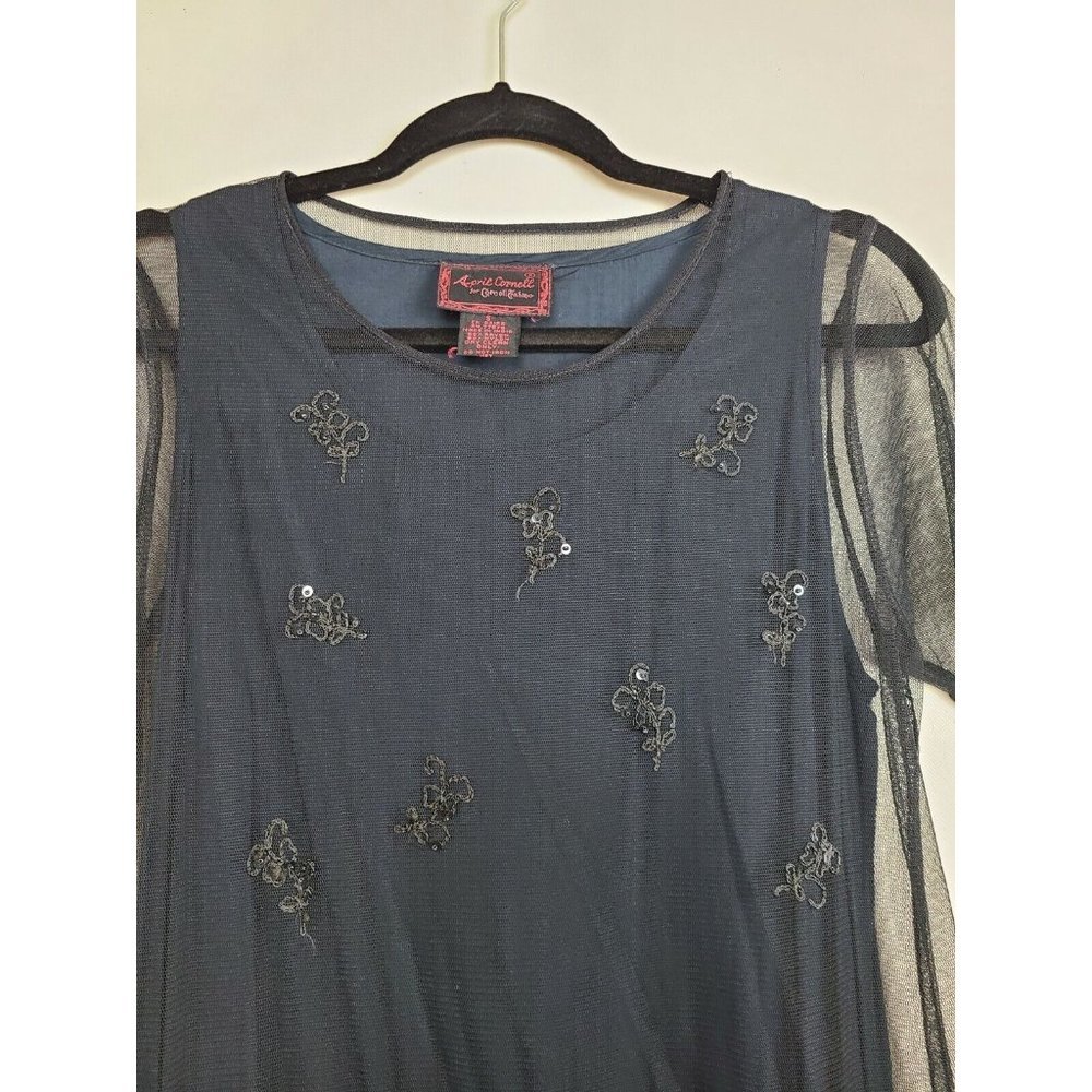 April Cornell Black Mesh Overlay Sequined Cottagecore Maxi Dress Small - Picture 4 of 10
